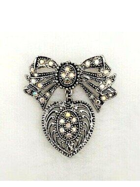 Victorian Style Pin Brooch Bow.Heart Crystal 1.8"
